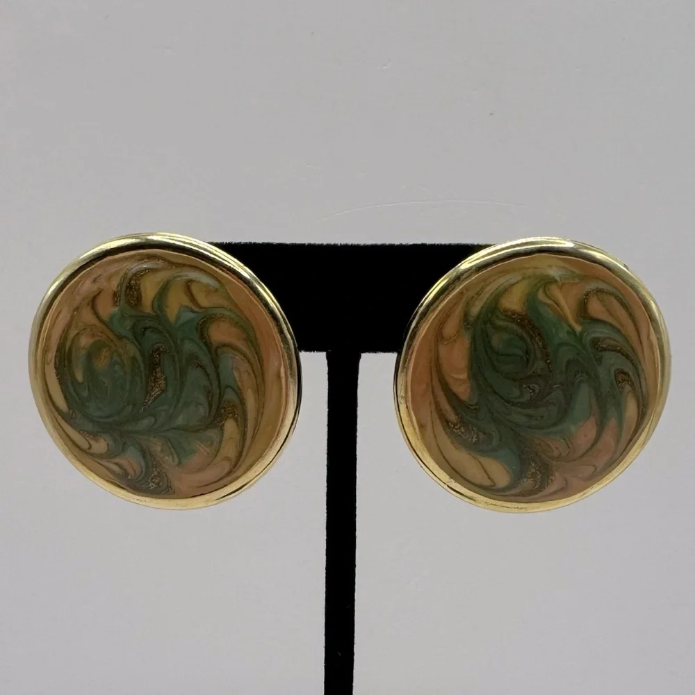 VINTAGE Large Round Marbled Enamel Earrings